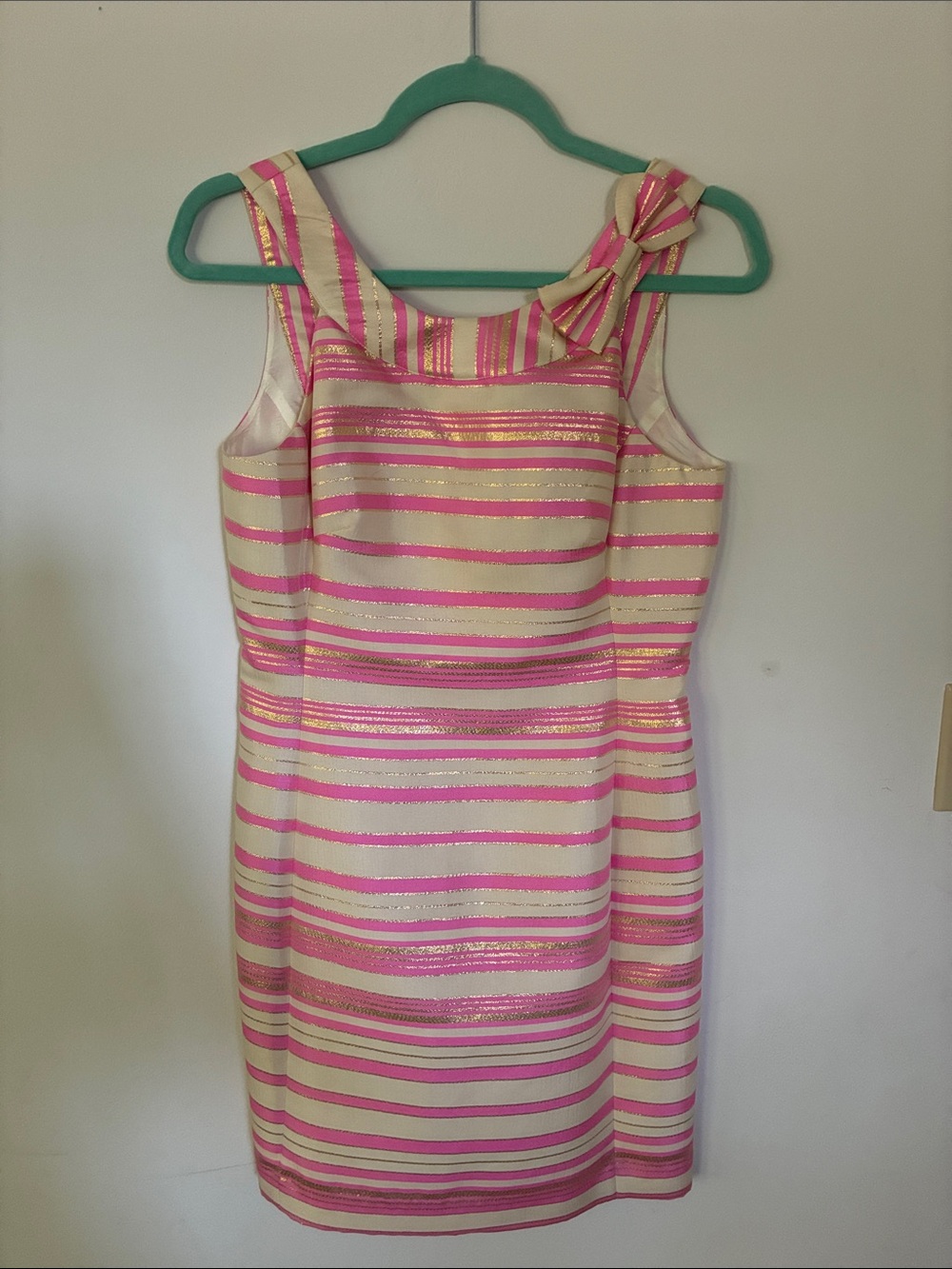 Lilly Pulitzer Cream and Pink Metallic Stripe Sleeveless Dress with Shoulder Bow